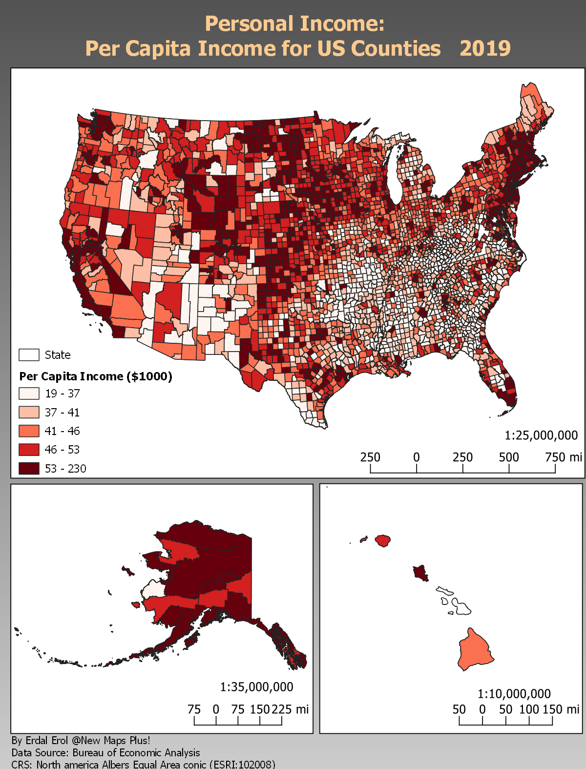 Map of Per Capita Incoeme for U.S. Counties in 2019 